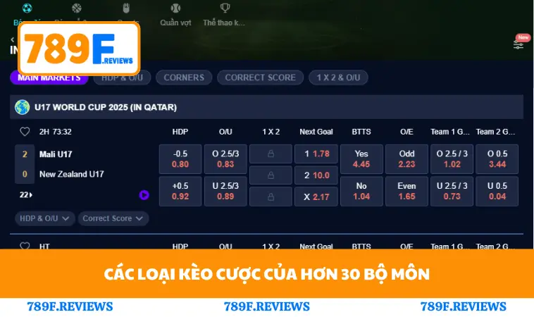 Các loại kèo cược của hơn 30 bộ mônv